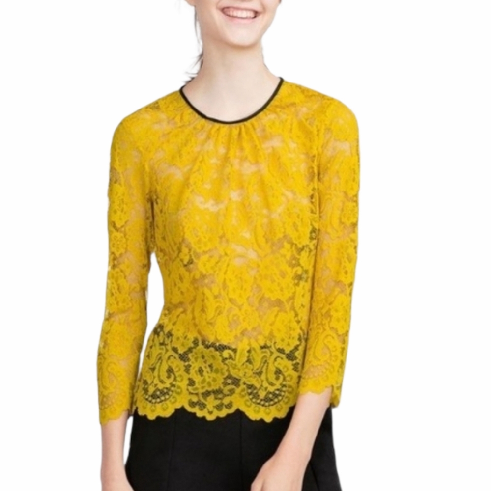 Yellow Lace & Black Faux that Leather Trim Scallop Hem Top